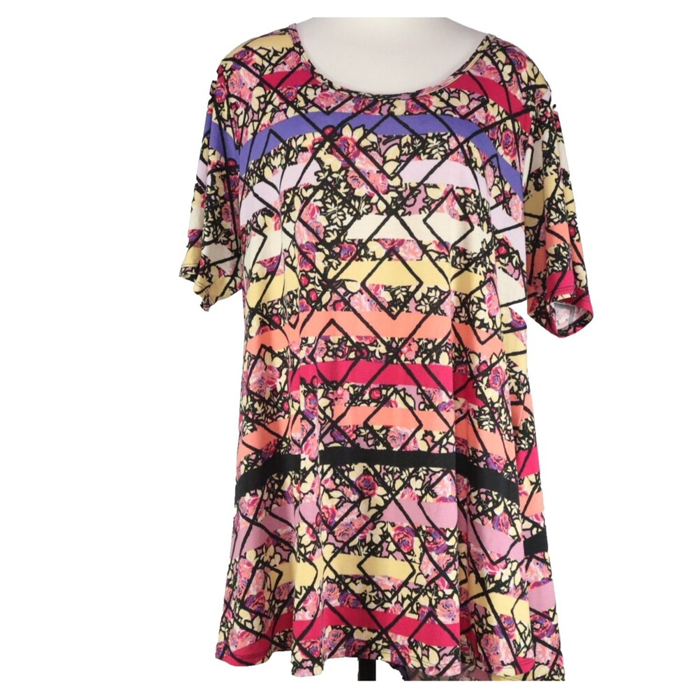 Blouse Top Lula Roe Size 3XL Lattic Pastels Bk/Purple/hot pink